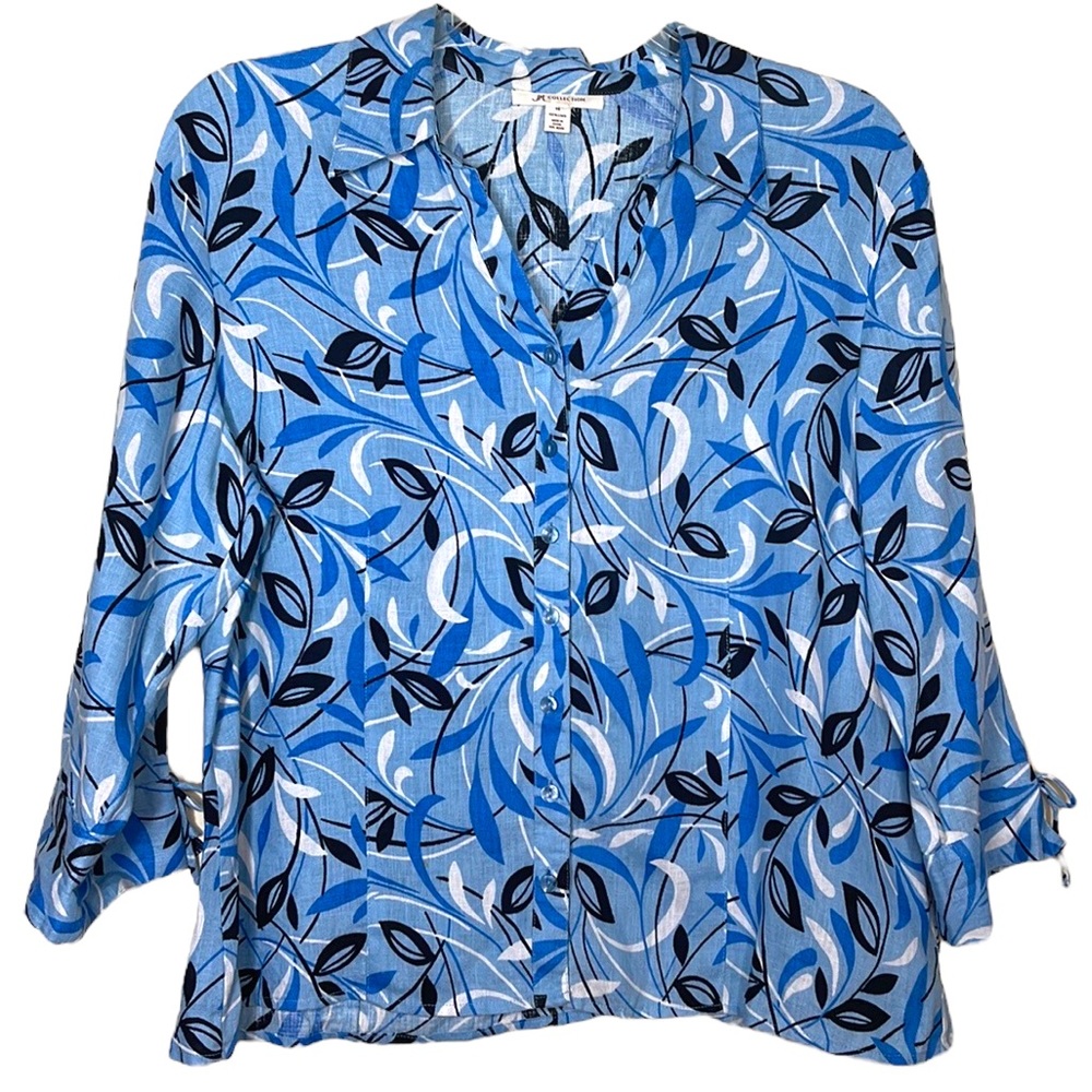 JM Collection Linen Botanical Print Button Down Shirt